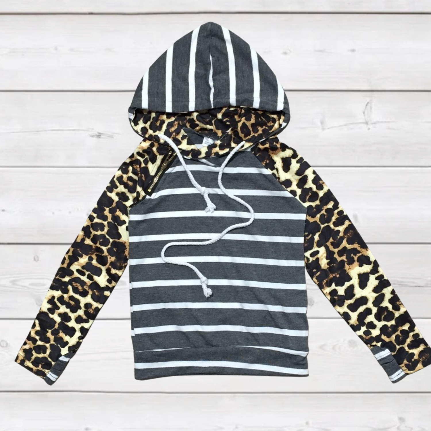 Leopard and Stripe Zipper Sleeve Hoodie-Kids Fashion-Branded Envy