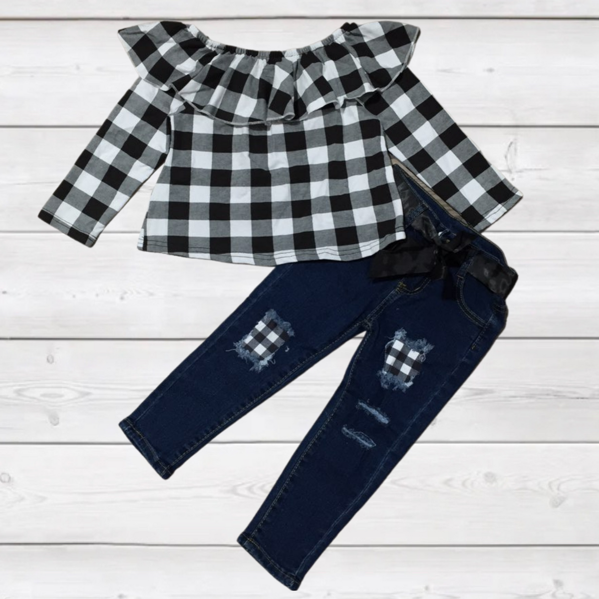 Ruffled Buffalo Plaid Top w/Distressed Denim Pants - Black and White-Branded Envy