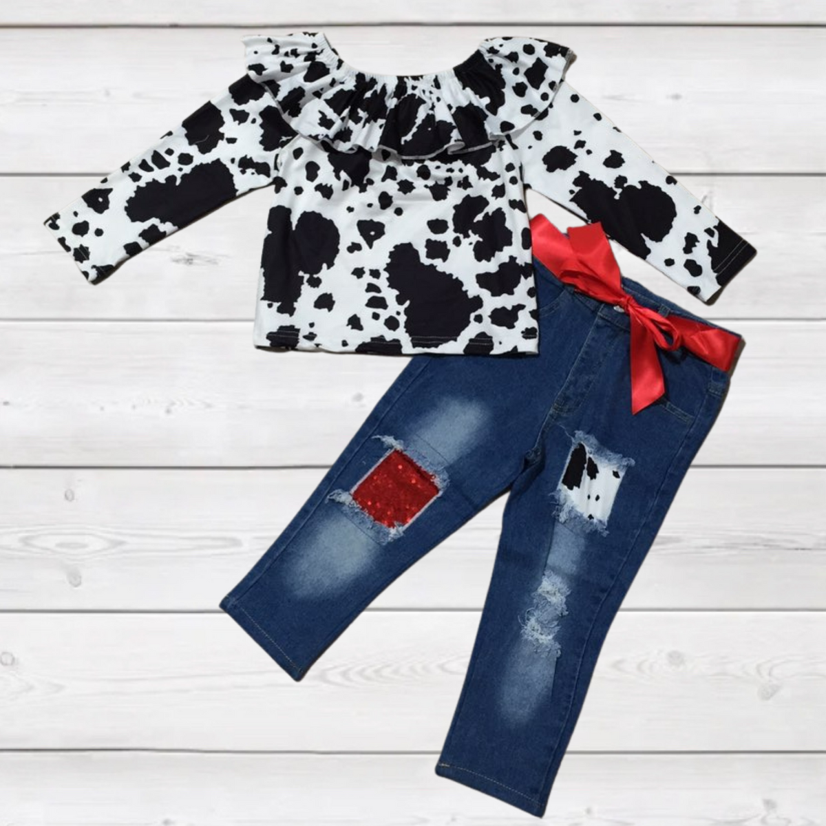 Black Cowprint Denim with Red Sequins Outfit-Kids Fashion-Branded Envy