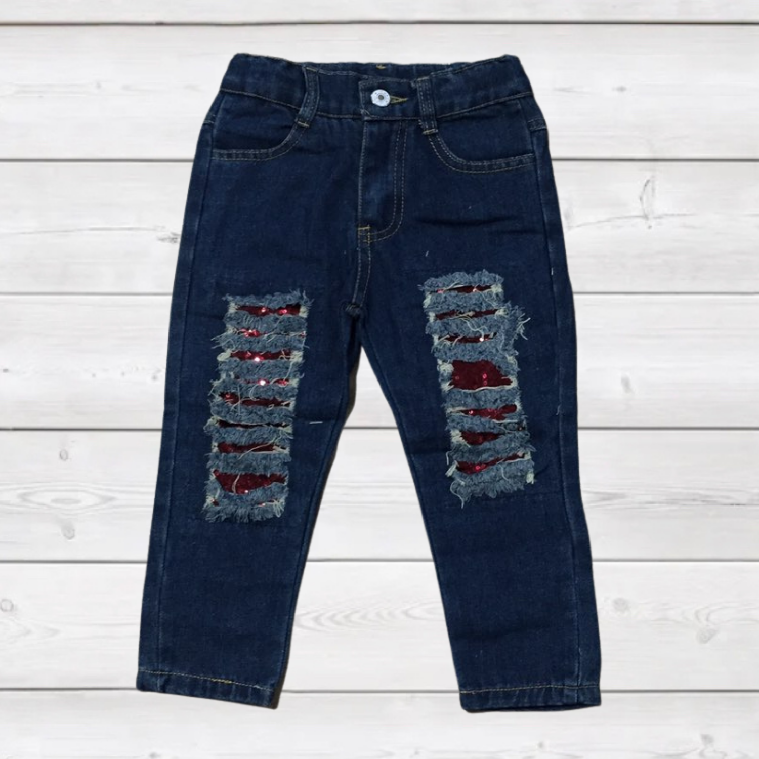Sequin Distressed Denim - Red-Kids Fashion-Branded Envy