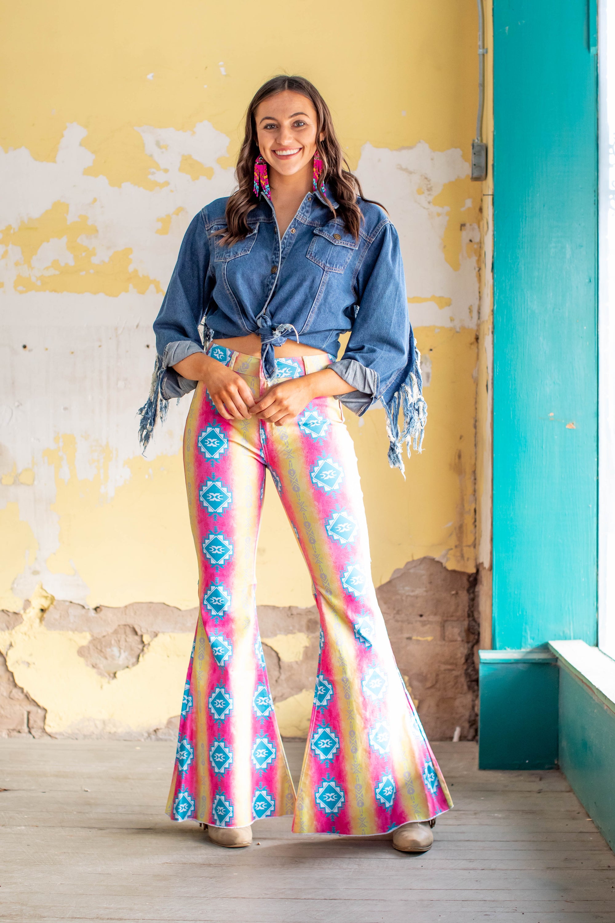 Pink and Turquoise Aztec Print Extreme Flare Jeans-Jeans-Branded Envy