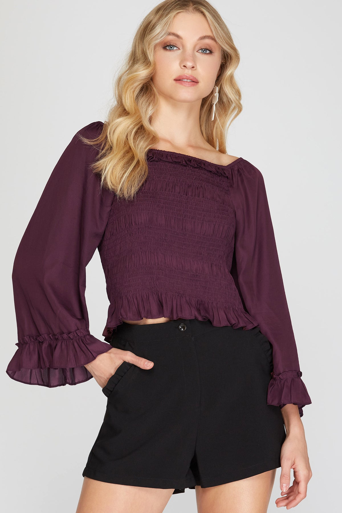 Plum 3/4 Bell Sleeve Smocked Top-Fashion Top-Branded Envy