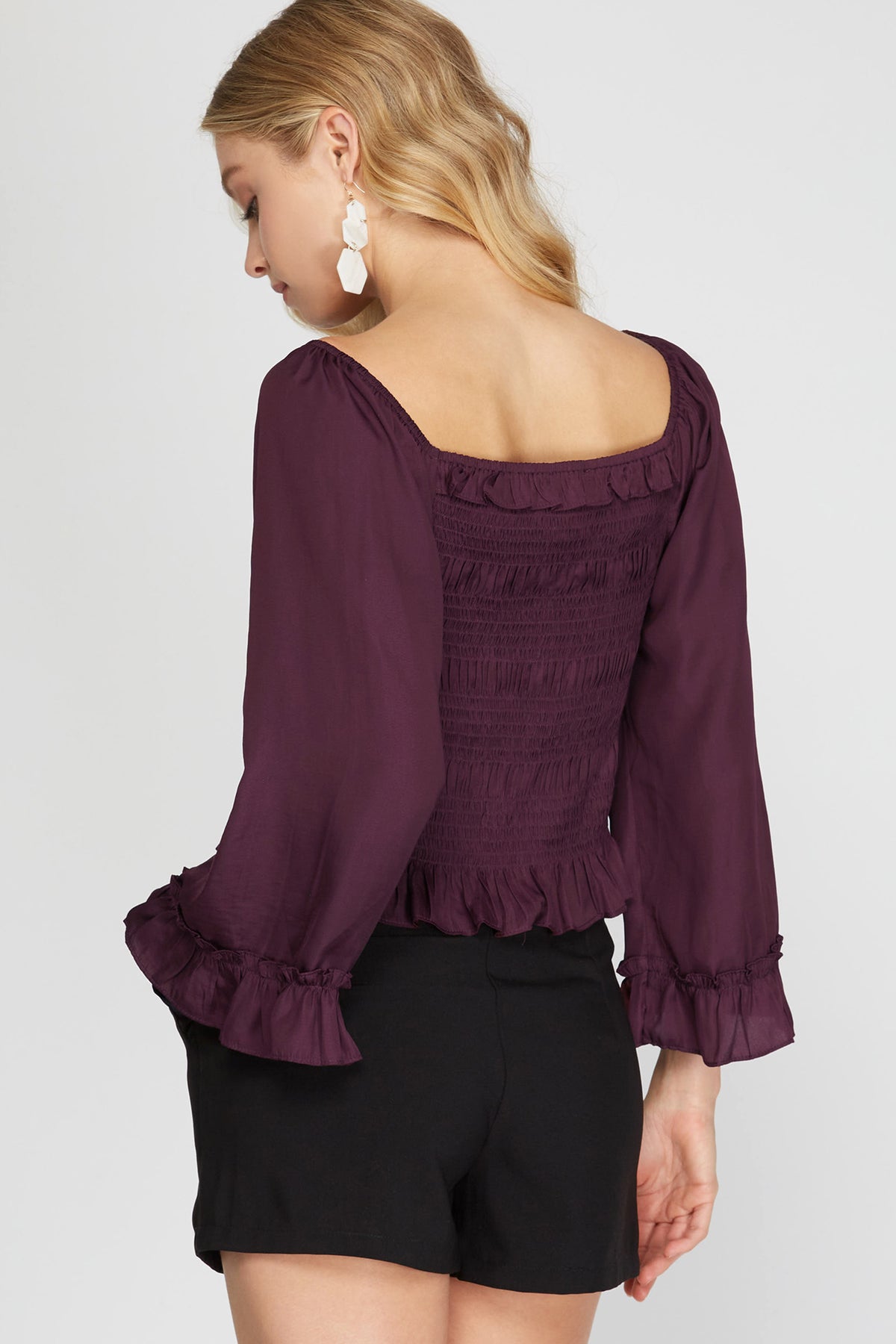 Plum 3/4 Bell Sleeve Smocked Top-Fashion Top-Branded Envy