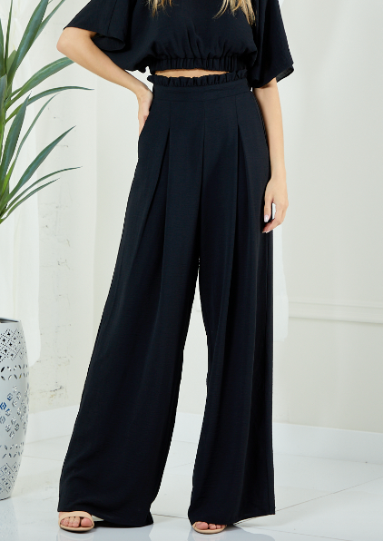 Solid Stretch Wide Leg Pleated Trousers-Bottoms-Branded Envy