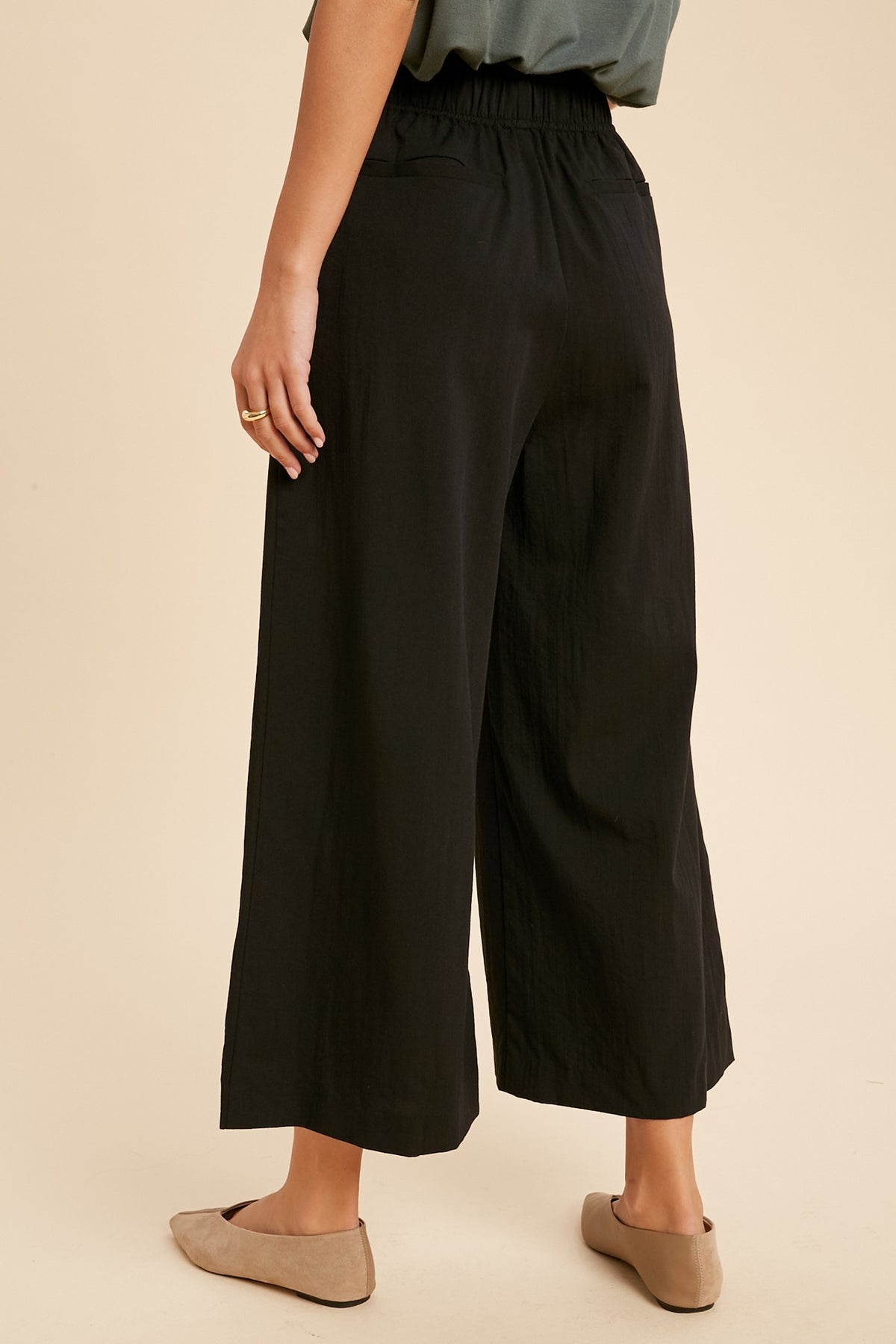 Weldon Shirred Waist Wide Leg Pants - Black-Bottoms-Branded Envy