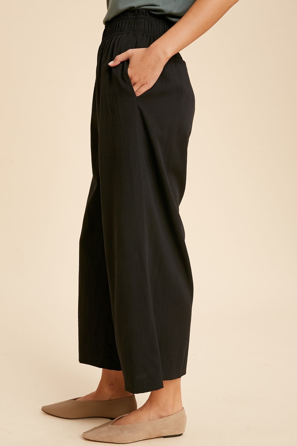 Weldon Shirred Waist Wide Leg Pants - Black-Bottoms-Branded Envy
