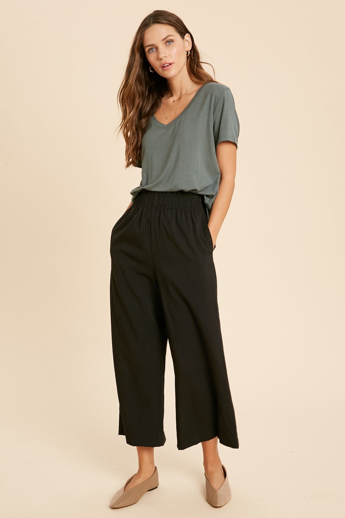 Weldon Shirred Waist Wide Leg Pants - Black-Bottoms-Branded Envy