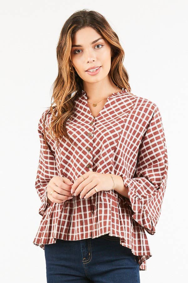 Brick Plaid Ruffle Hem Blouse-Fashion Top-Branded Envy