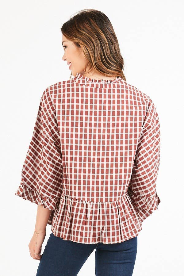 Brick Plaid Ruffle Hem Blouse-Fashion Top-Branded Envy