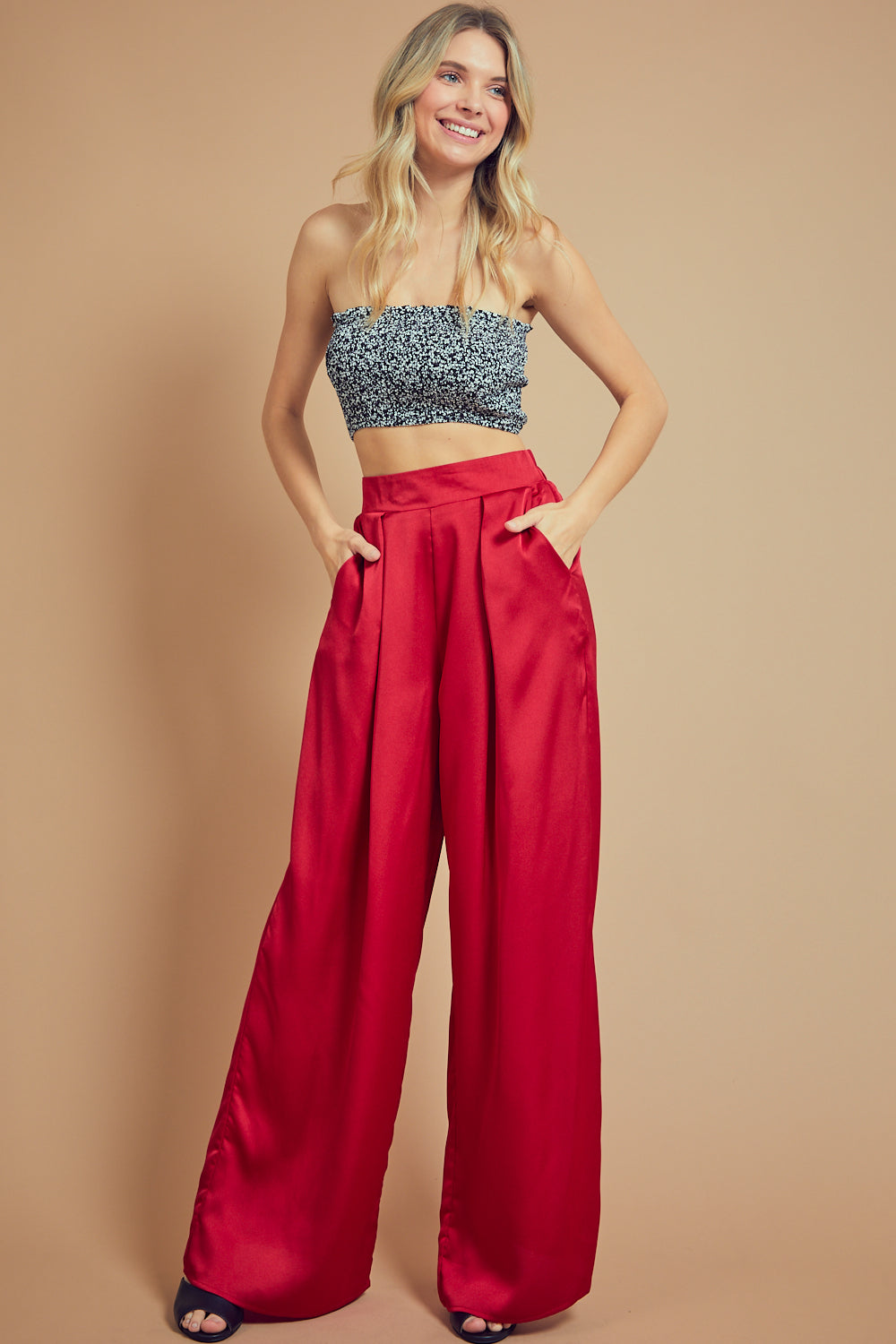 Solid Textured Satin Wide Leg Pants-Bottoms-Branded Envy