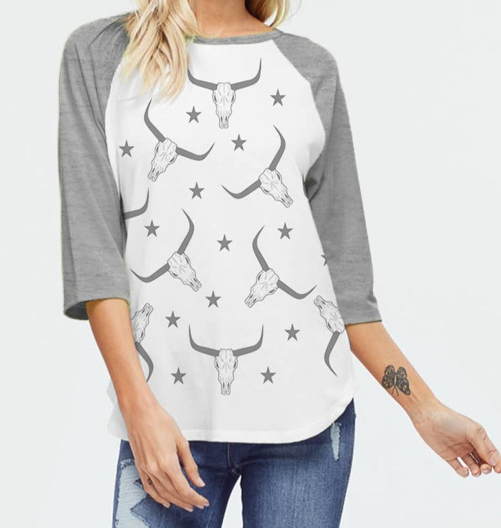 Longhorn Printed 3/4 Sleeve Top-Graphic Tee-Branded Envy