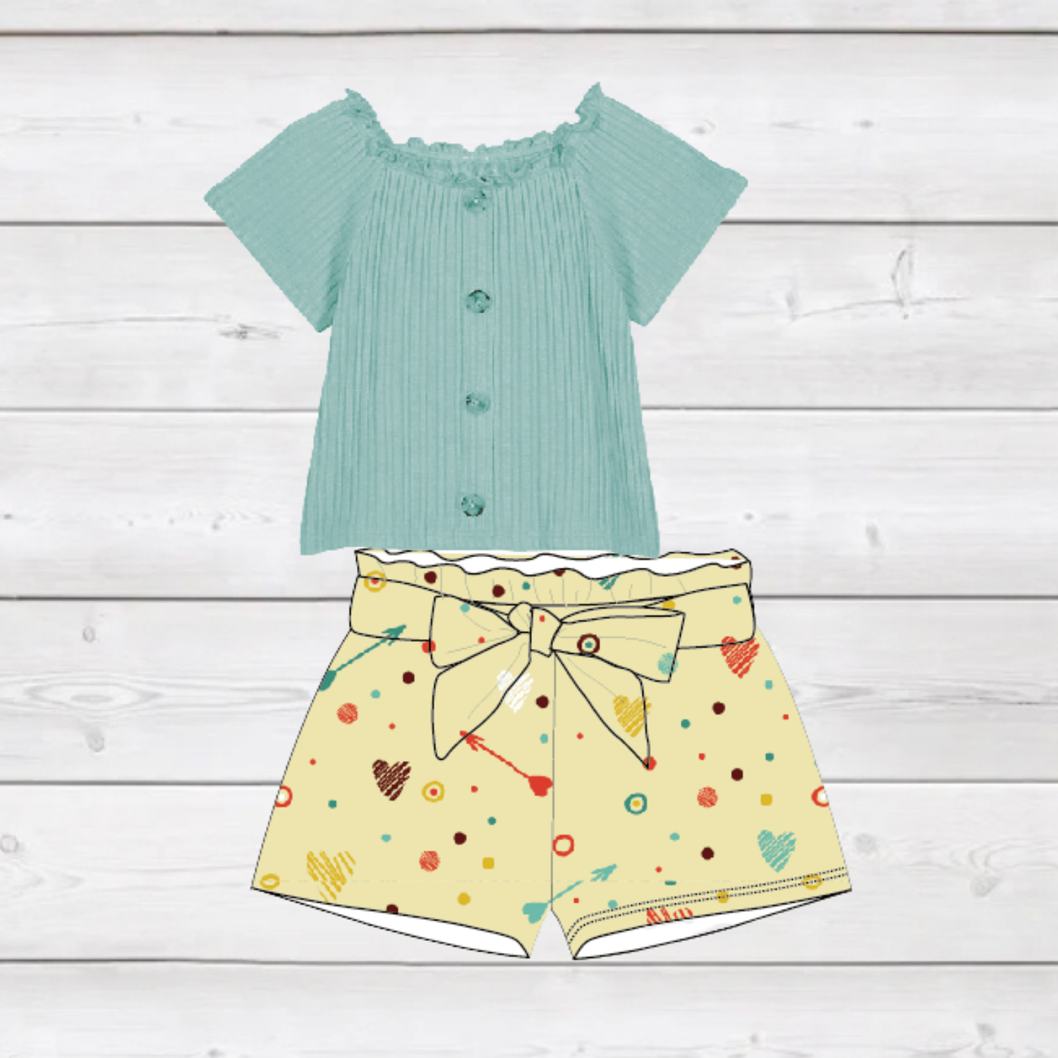 Yellow Hearts&Arrows Bow Shorts w/Teal Top (SWS4101)-Kids Fashion-Branded Envy