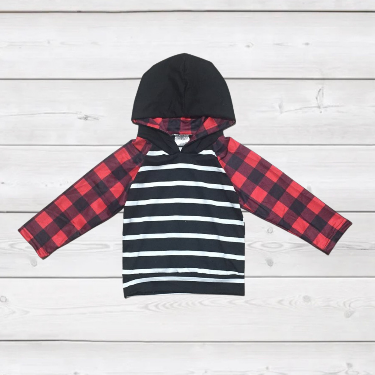 Black&#39;n White Stripe w/Red Buffalo Plaid Hoodie-Kids Tee-Branded Envy