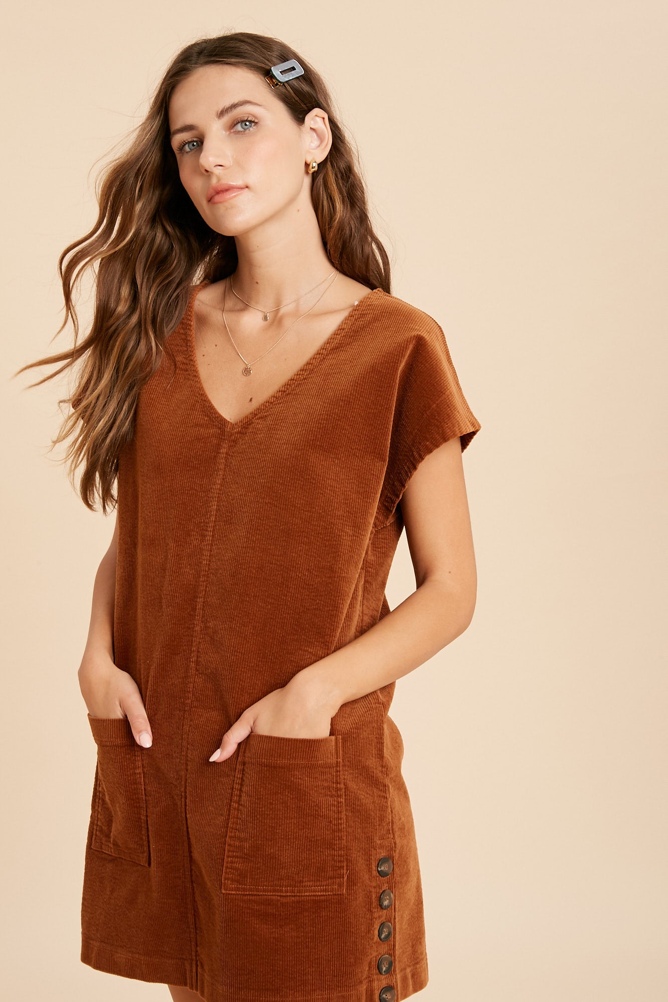 Jasmine corduroy side button dress-Dresses-Branded Envy