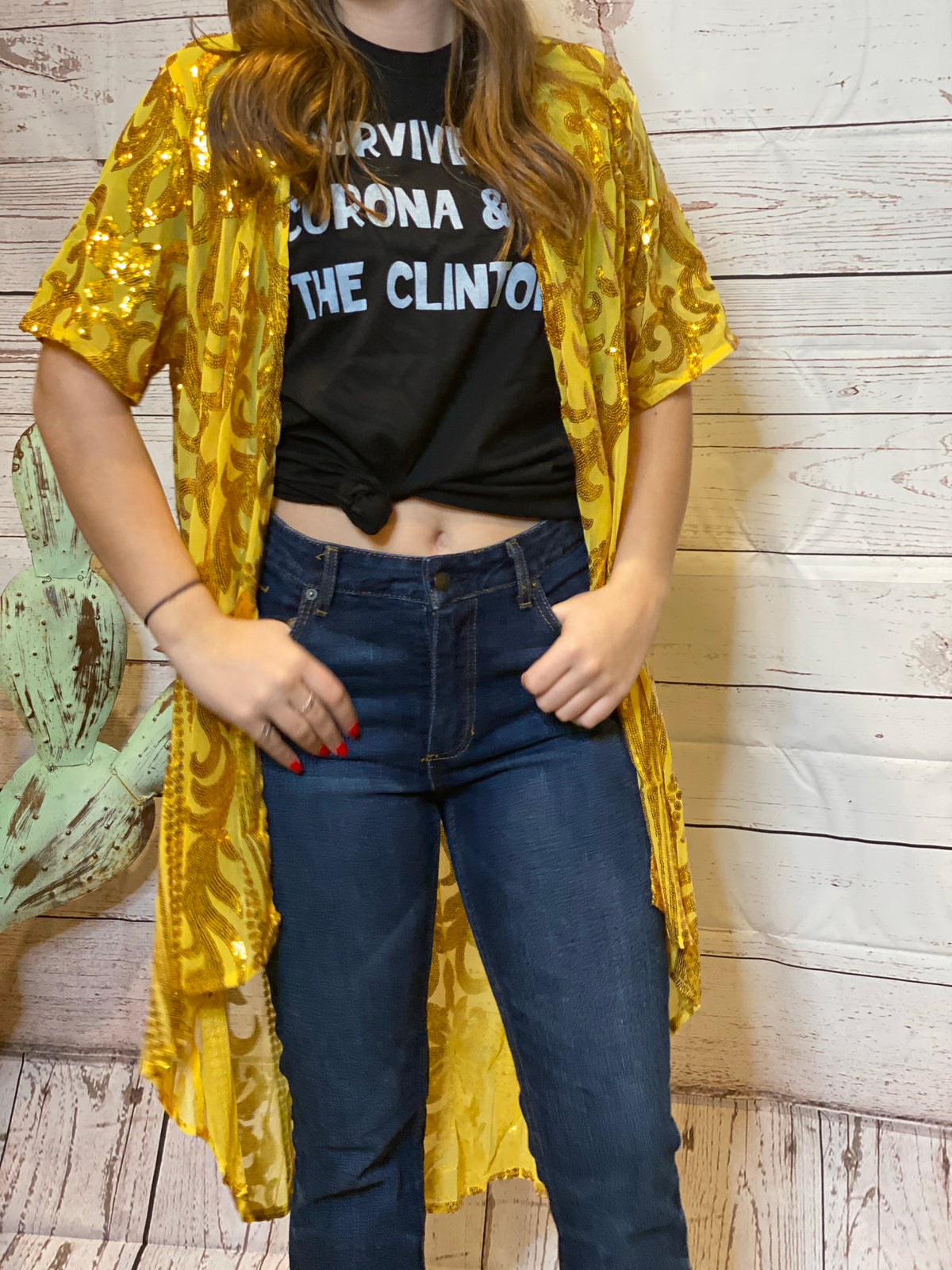 All Day Long Sequin Mesh Kimono - Mustard-Kimono-Branded Envy