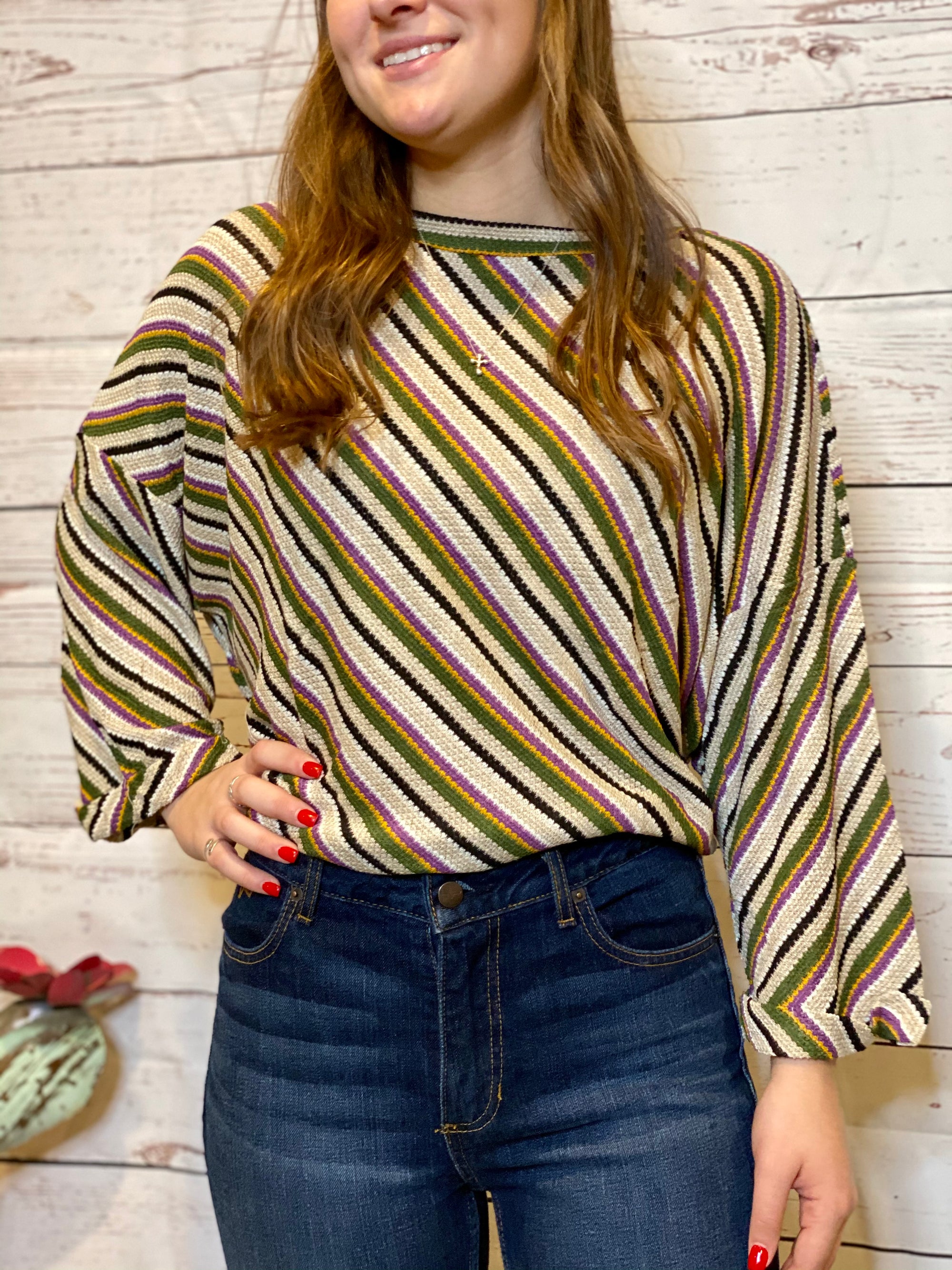 Cuffed Sleeve Stripe Knit Top-Sweater-Branded Envy