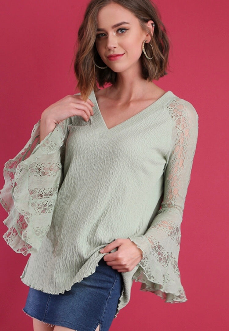 Dusty mint lace bell sleeve top-Shirt-Branded Envy