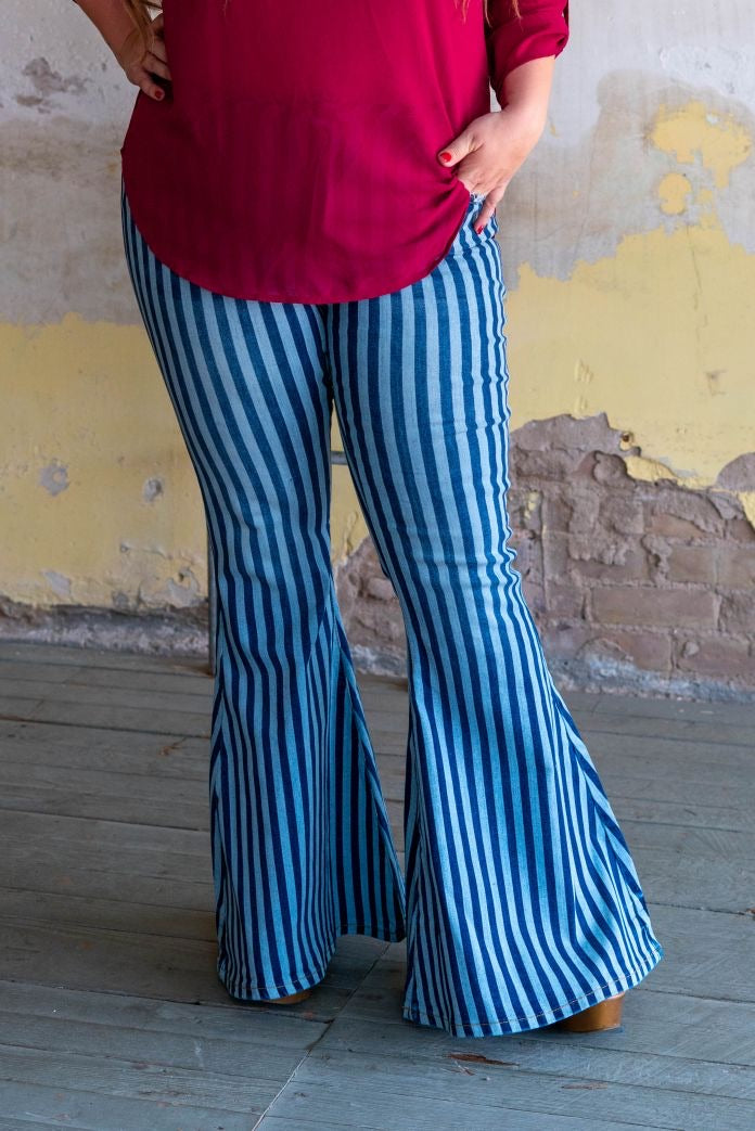 High Rise Denim Stripe with Extreme Flare -PLUS SIZE-Jeans-Branded Envy