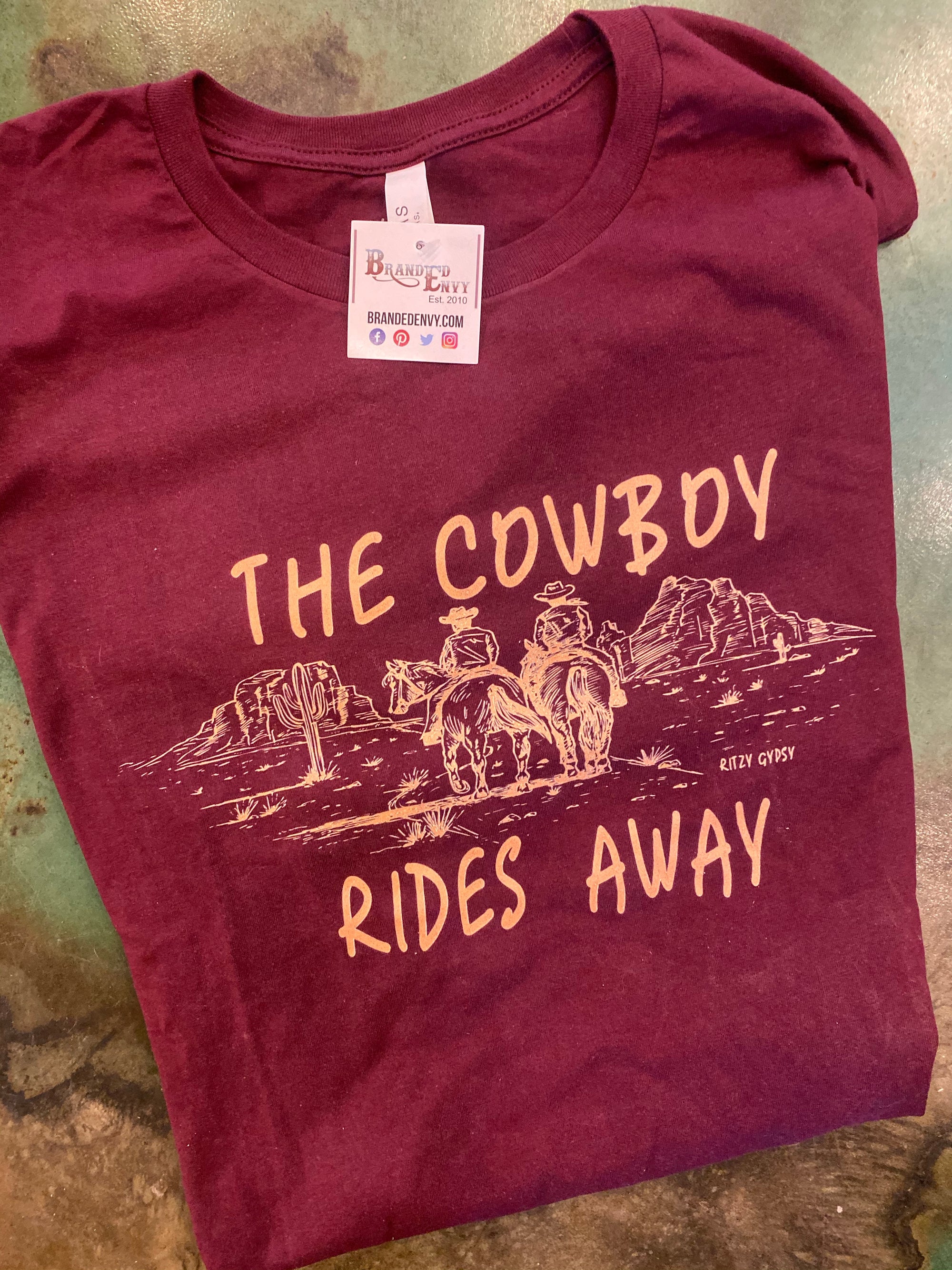 Cowboy Rides Away Tee - Maroon-Tops-Branded Envy