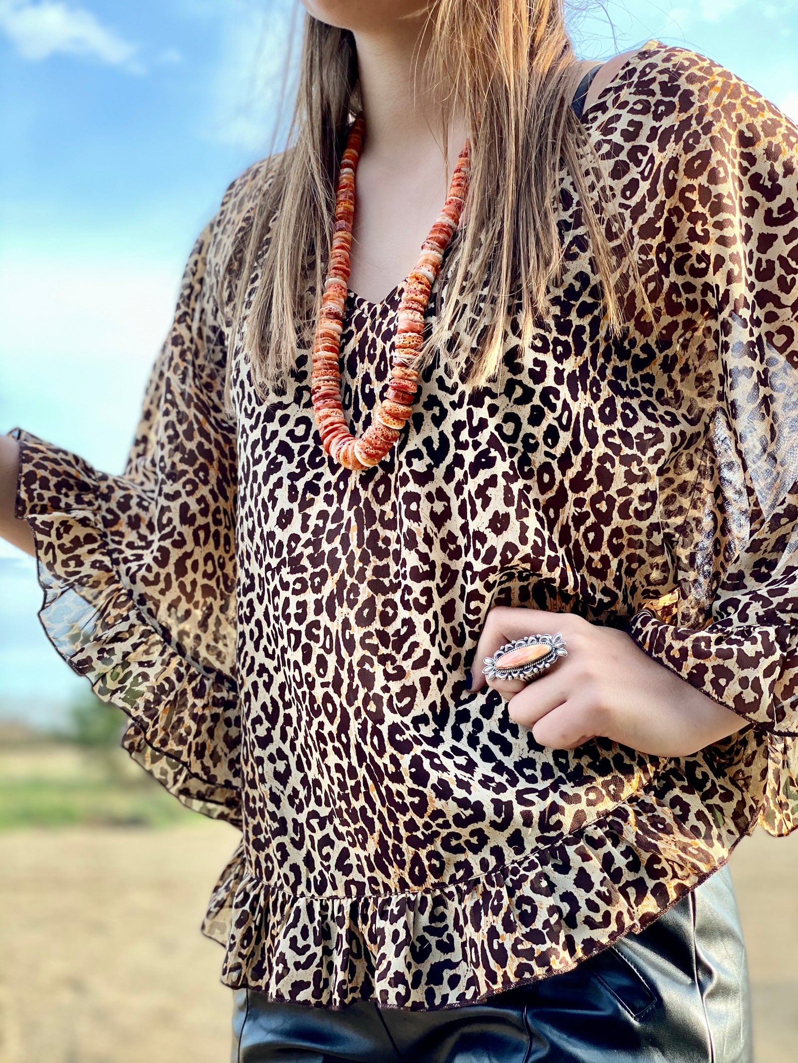 Cheetah Ruffle Poncho Top-Fashion Top-Branded Envy