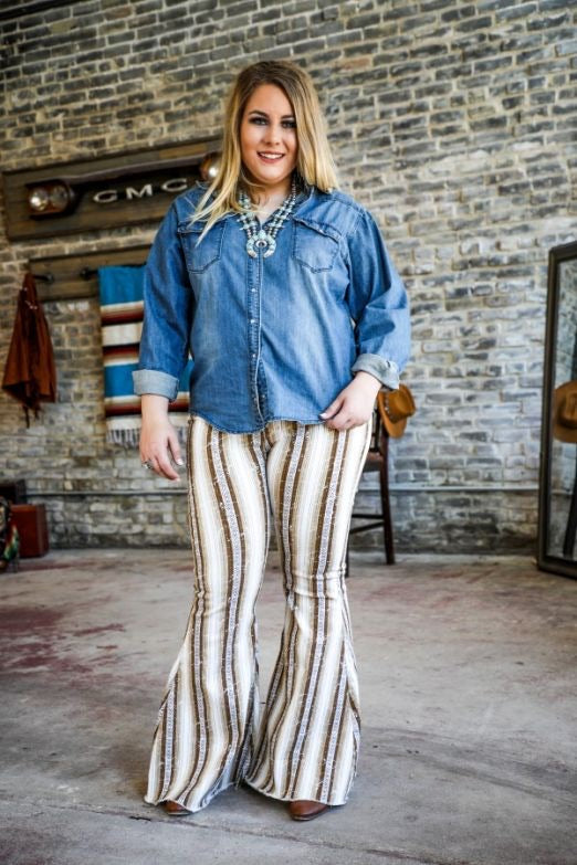 Brown Serape Denim Stretch with Flare -PLUS SIZE-Jeans-Branded Envy