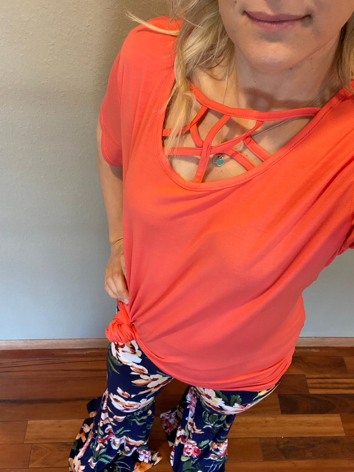 Coral Basic Caged Neck Tee-Basic Top-Branded Envy