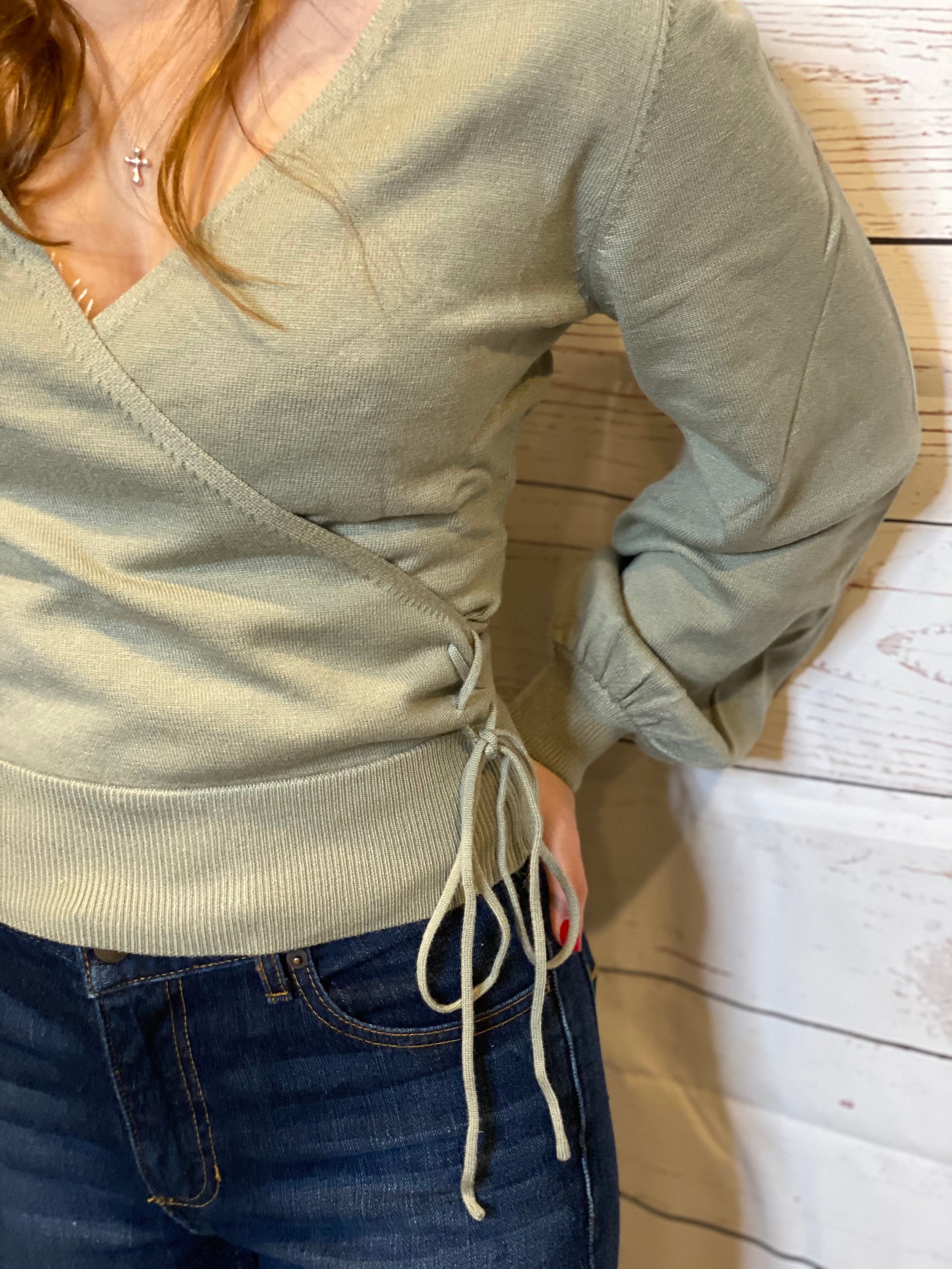 Soft Knit Surplice Sweater - Sage-Blouse-Branded Envy