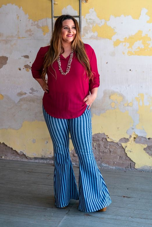 High Rise Denim Stripe with Extreme Flare -PLUS SIZE-Jeans-Branded Envy
