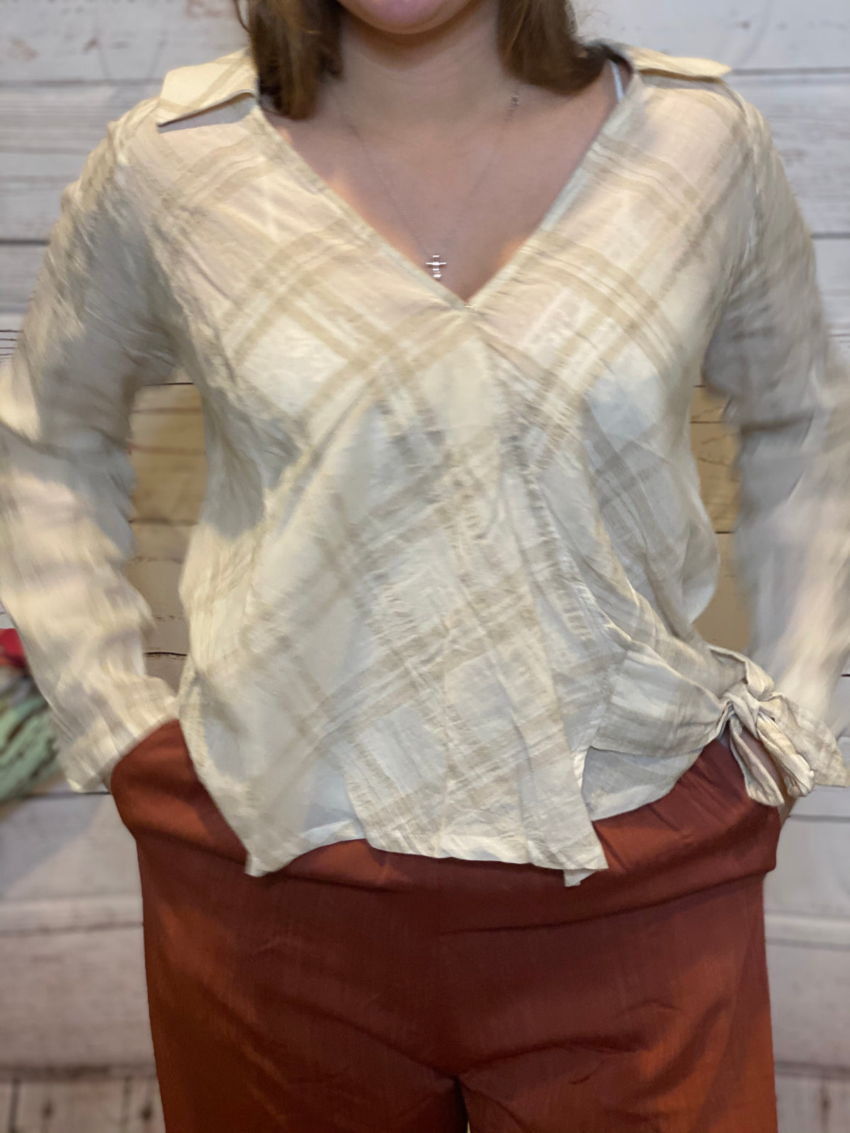 Cream Plaid Wrap Top-Fashion Top-Branded Envy