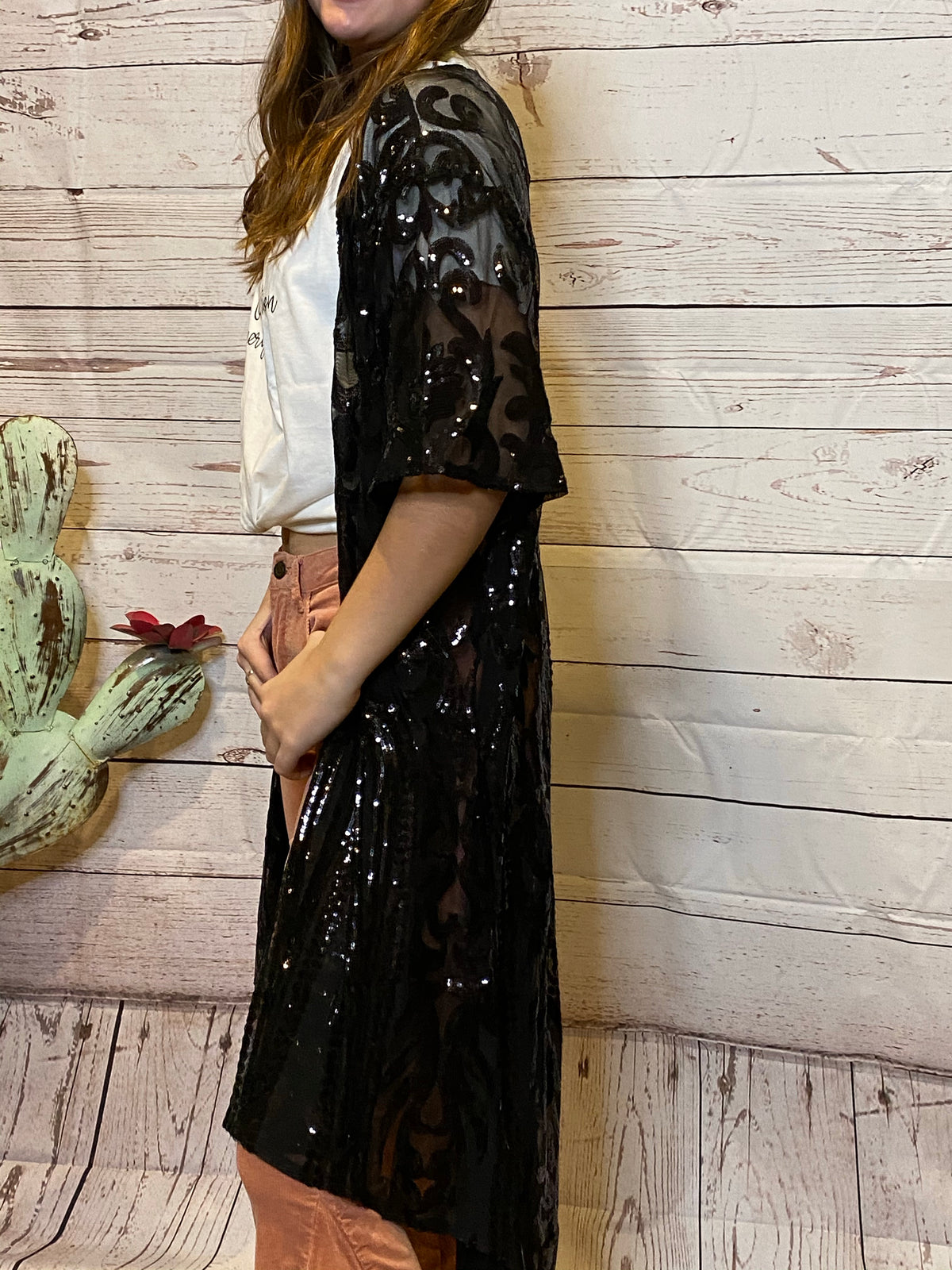 All Day Long Sequin Mesh Kimono - Black-Kimono-Branded Envy