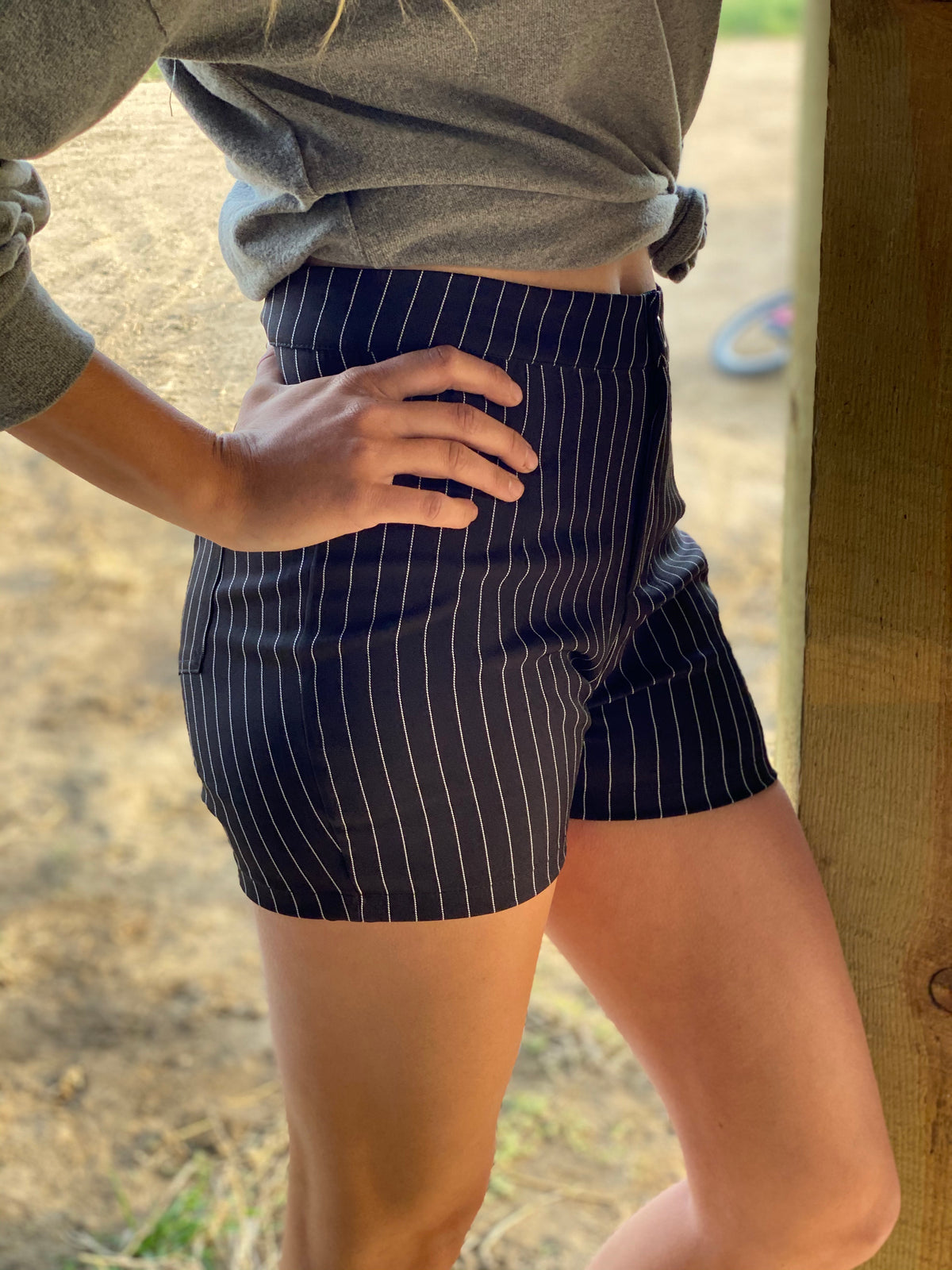 Black Stripe High Waist Mid-Thigh Shorts-shorts-Branded Envy