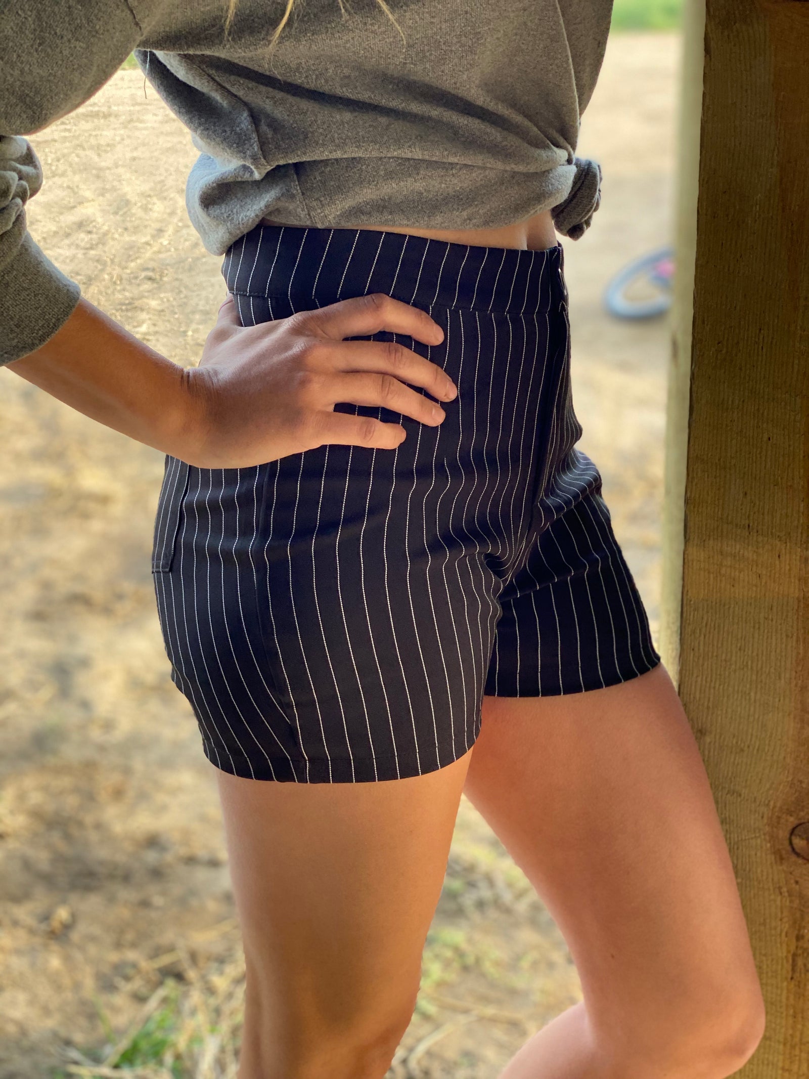 Black Stripe High Waist Mid-Thigh Shorts-shorts-Branded Envy