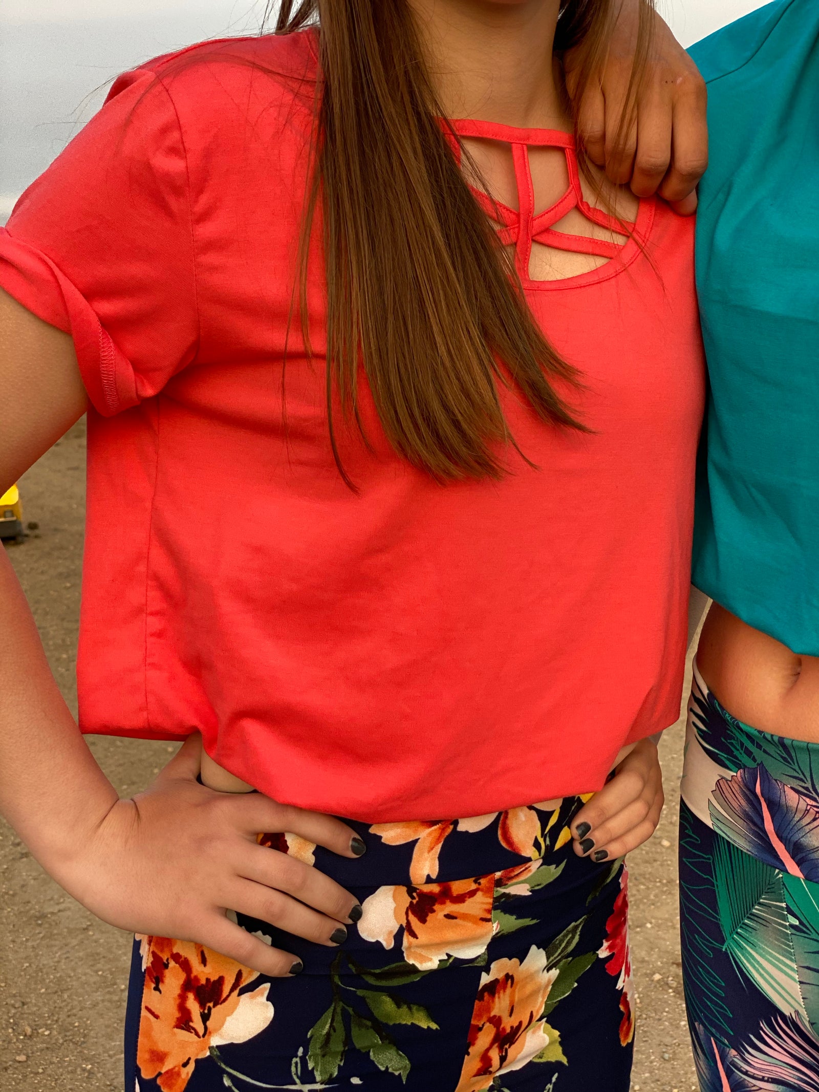 Coral Basic Caged Neck Tee-Basic Top-Branded Envy