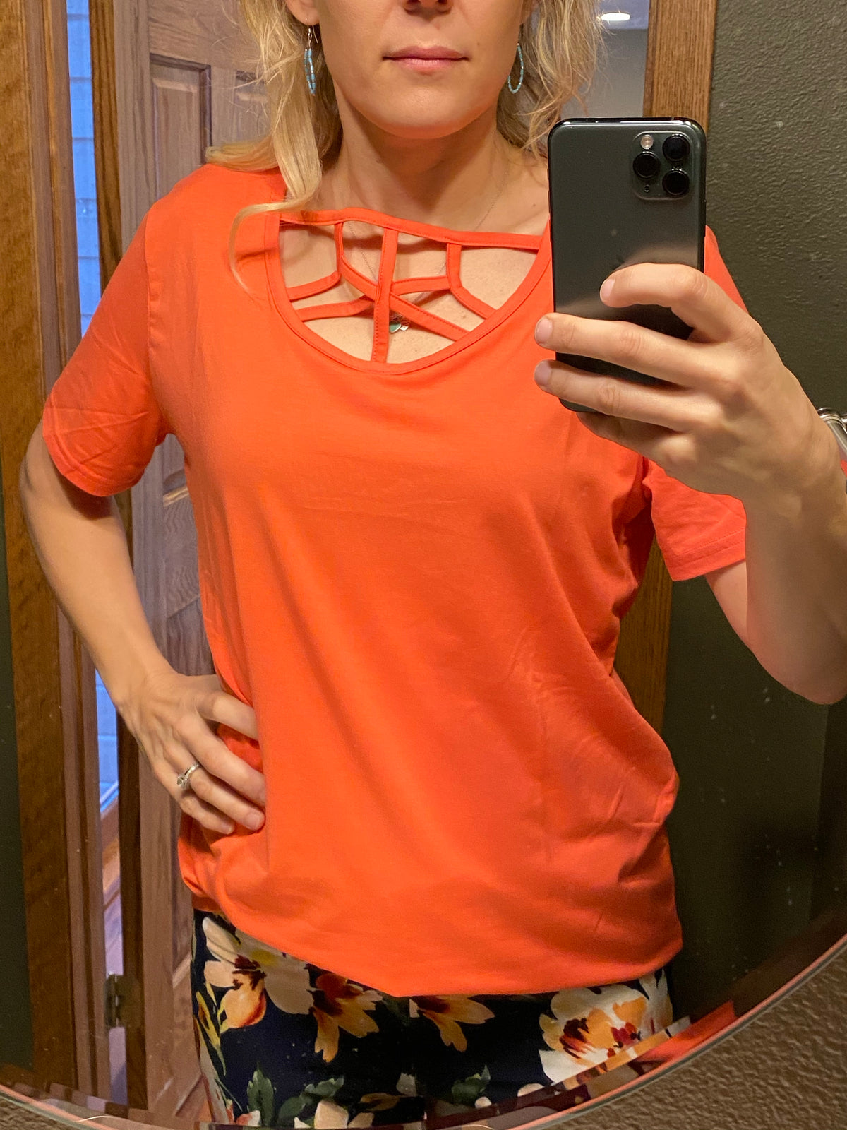 Coral Basic Caged Neck Tee-Basic Top-Branded Envy