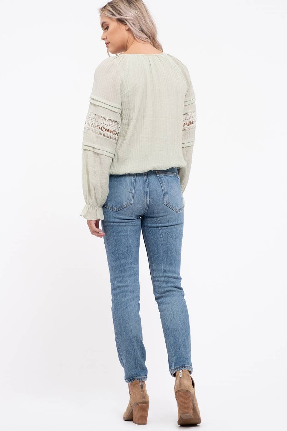 LACE INSET LONG SLEEVE TOP WITH FRONT NECK TIE-Fashion Top-Branded Envy