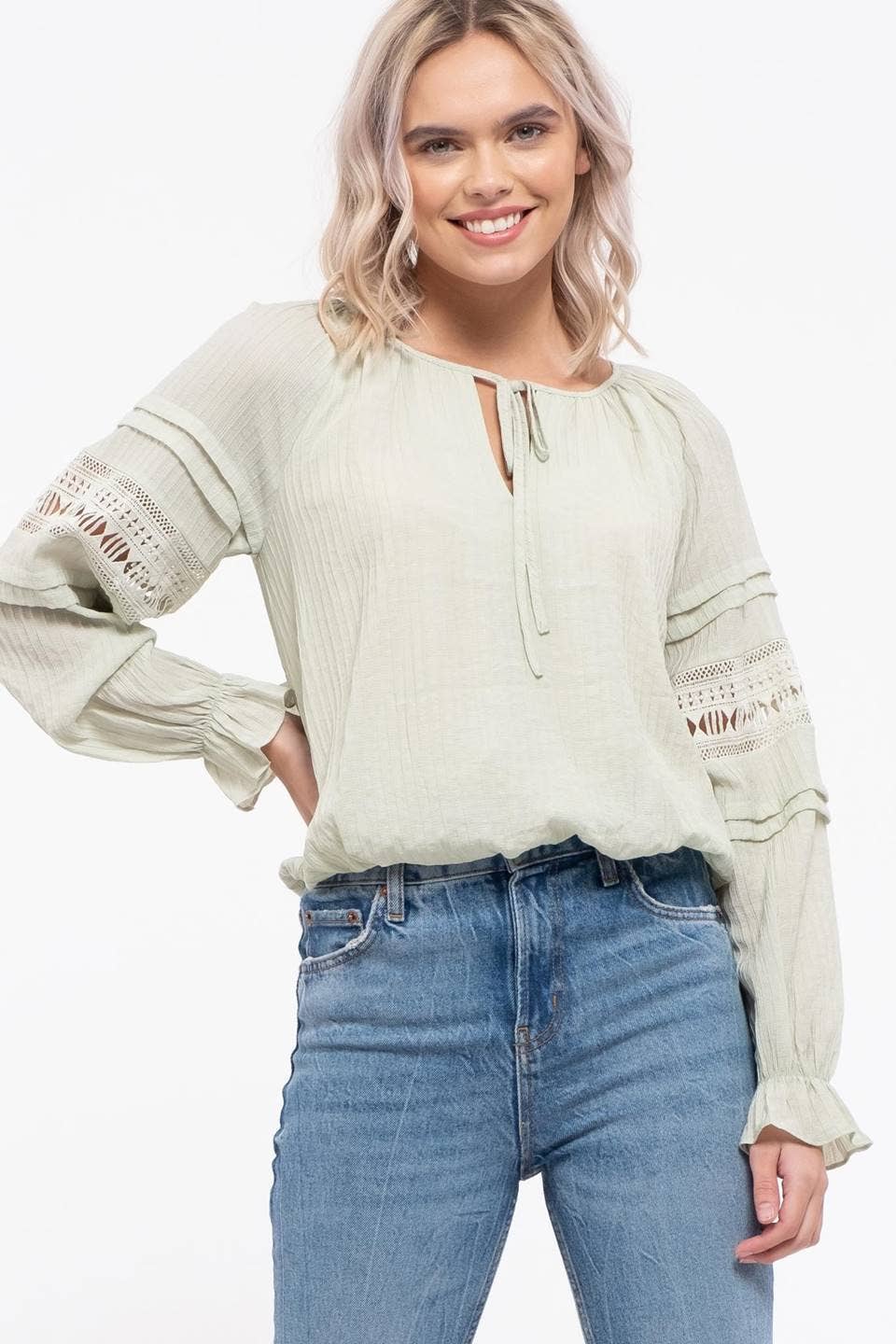 LACE INSET LONG SLEEVE TOP WITH FRONT NECK TIE-Fashion Top-Branded Envy