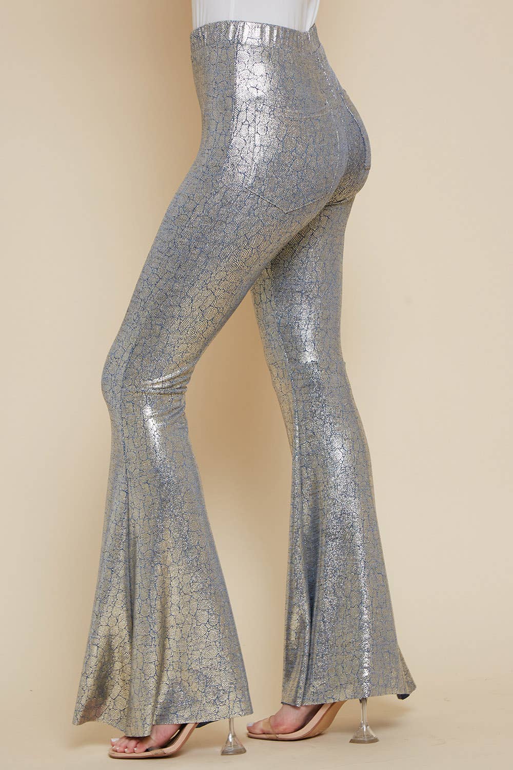 Navy Snake Foil Bell Pants with Pocket-Bottoms-Branded Envy