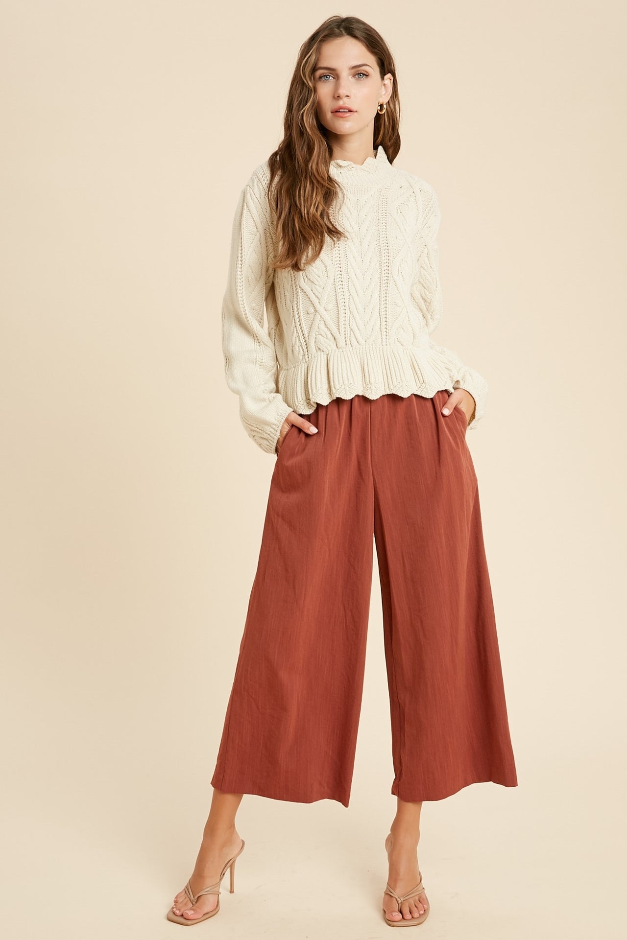 Weldon Shirred Waist Wide Leg Pants - Rust-Pants-Branded Envy