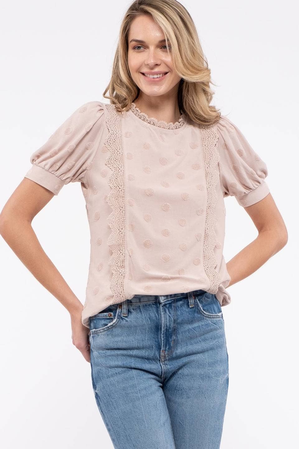 Swiss Dot Lace Trim Top-Fashion Top-Branded Envy